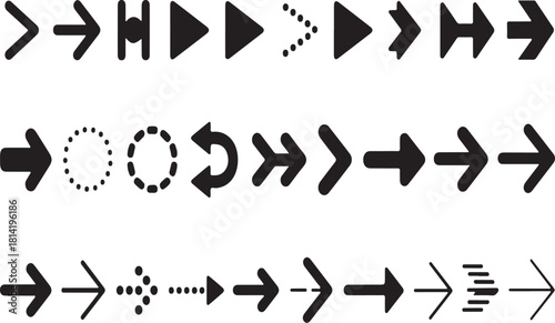 Set of Black Directional Arrow Icons - Various Flat Vector Symbols for Navigation and Interface Design