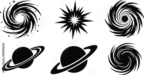 Space themed vector icons with swirling galaxies and ringed planets in black silhouette style