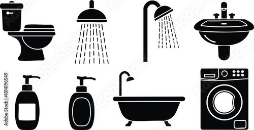 Bathroom fixtures and appliances vector icons including toilet shower bathtub sink washing machine soap dispenser