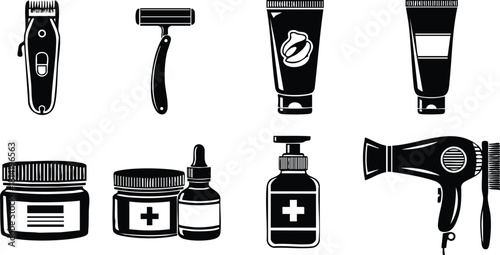 Personal grooming tools and skincare essentials set including hair clipper, razor, cream, lotion, serum, and hair dryer vector illustration