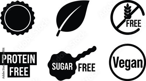 Set of six black vegan and free from icons with leaf sugar protein gluten symbols vector illustration