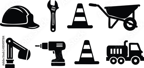 Construction equipment icons including helmet wrench cone wheelbarrow drill truck vector illustration