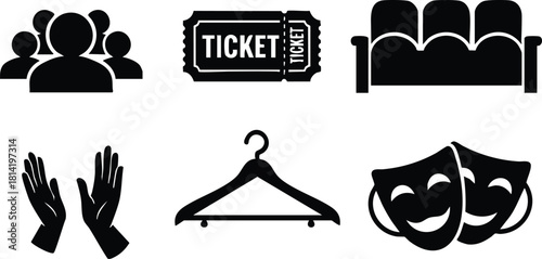 Theater icons set with audience, ticket, sofa, applause, hanger, and comedy tragedy masks vector illustration