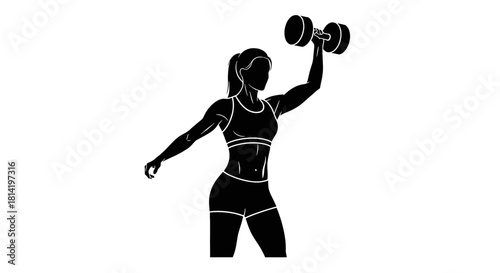 Silhouette of a woman lifting a dumbbell overhead, exercising for fitness.