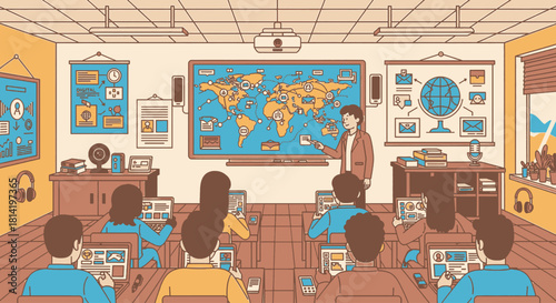 Classroom scene with students using tablets and a teacher pointing at a world map on a screen.