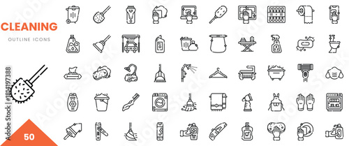 Set of cleaning outline icons featuring various tools and products for effective household cleaning.