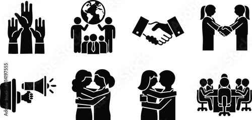 Business teamwork and cooperation icons set with handshake, meeting, and global collaboration symbols vector illustration
