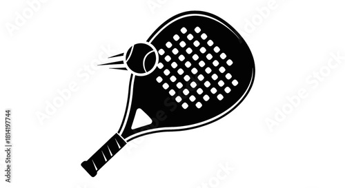 Black and white illustration of a padel racket hitting a ball with motion lines.