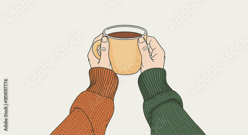 Two hands wearing sweaters holding a warm mug of coffee or tea.