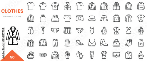 A diverse collection of 50 outline icons representing various clothing items and accessories.