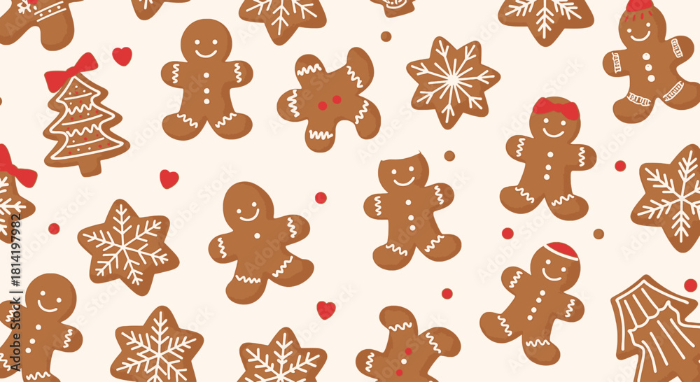 Fototapeta premium A festive pattern of various gingerbread cookies including men, stars, and a Christmas tree, with small red hearts and dots on a light background.