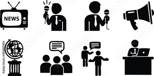 Media communication icons set with reporter microphone megaphone television news vector illustration