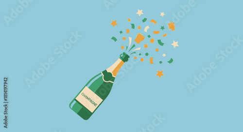 Illustration of a champagne bottle popping with an explosion of colorful confetti and stars, symbolizing celebration and success.