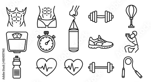 A collection of line art icons representing various aspects of fitness and exercise, including body parts, equipment, and health indicators.