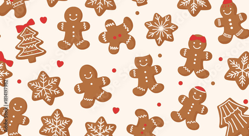 A festive pattern of various gingerbread cookies including men, stars, and a Christmas tree, with small red hearts and dots on a light background.