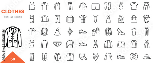 A collection of stylish outline icons representing various clothes and accessories.