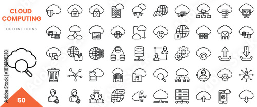 A collection of 50 cloud computing outline icons, showcasing various technology elements.