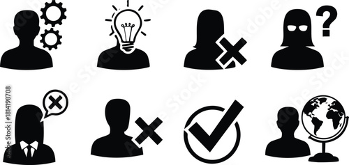 Business decision making icons with human silhouettes and symbols in black vector set