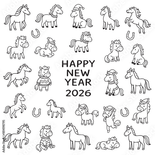 Happy New Year 2026 with Playful Horses Vector Art.  Ideal for holiday greetings, decorations, and festive designs associated with the new year.