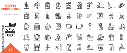 Variety of coffee production outline icons including grinders, brewers, and accessories.