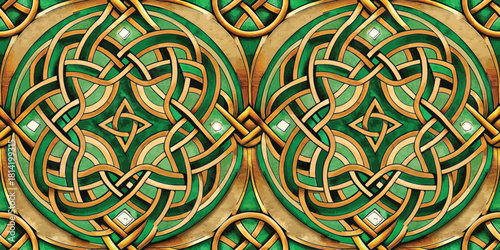 Intricate Celtic knot pattern featuring green and gold tones, symbolizing unity and eternity.