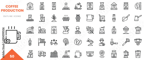 A collection of minimalist line icons representing various aspects of coffee production.