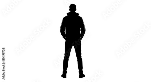Intriguing silhouette of a man in hoodie, standing strong with hands in pockets against a clean white backdrop, perfect for mystery concepts
