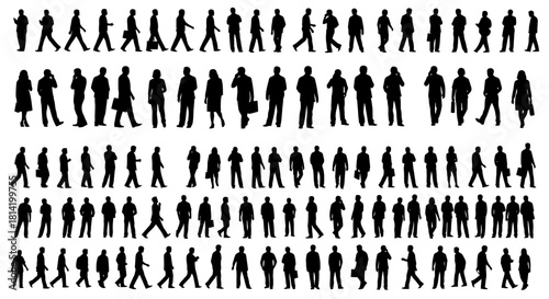 Diverse crowd of people in silhouette walking and talking on their phones, representing teamwork, business, and community in a modern world