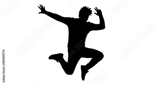 Dynamic silhouette of person jumping for joy against white backdrop - perfect for expressing freedom, achievement, and boundless energy in your project