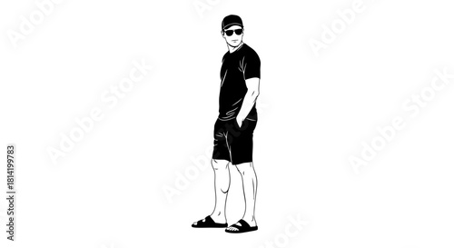 Confident man in casual summer style, minimalist black and white design for posters, fashion blogs and stylish summer promotions, effortlessly cool