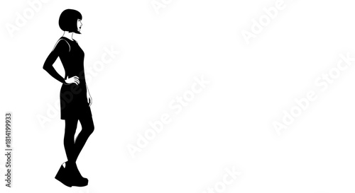 Stylish woman in little black dress with bob haircut posing confidently, ideal for fashion blogs or marketing materials with a sleek modern vibe