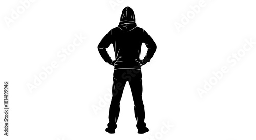 Mysterious silhouette of a person wearing a hoodie, standing confidently with hands on hips, perfect for crime thriller or urban fashion designs