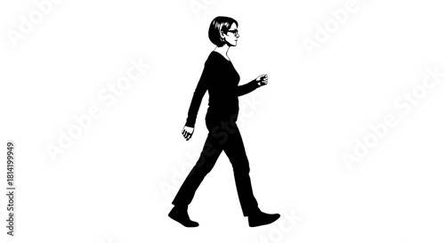 Stylish businesswoman in silhouette confidently walking with purpose, expressing modern professionalism and strength in a powerful monochrome design