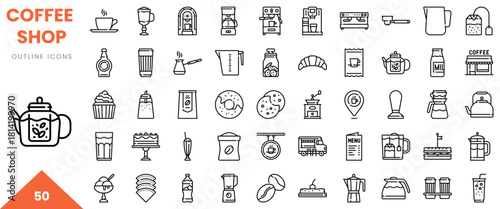 A collection of outlined icons representing various coffee shop elements and items.