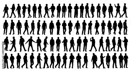 Diverse crowd of people silhouettes walking, standing, and interacting representing community, urban life, and anonymous figures in a variety of poses