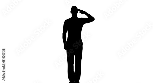 Silhouette of respectful man saluting against white background evokes honor, duty, and remembrance, perfect for patriotic campaigns and military themes