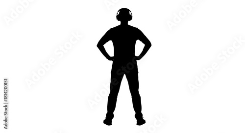 Silhouette of confident man listening to music with headphones on white background, perfect for sound, tech, or lifestyle brands seeking a modern vibe