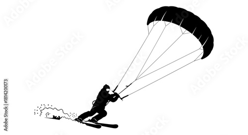 Bold snowkiter gliding across pristine snow, extreme winter sport adventure, dynamic silhouette, powerful wind, exhilarating action, isolated on white