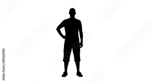 Dynamic silhouette of a man standing confidently with hand on hip against white, ready for action and versatile design applications