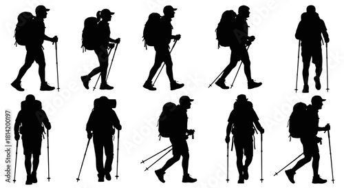 Diverse group of hikers trekking with backpacks and poles, perfect for adventure travel campaigns or outdoor gear promotions. Get inspired and explore nature!
