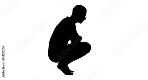 Silhouette of a pensive person squatting on white, evoking deep thought and introspection, perfect for themes of solitude, mental health, and self-reflection