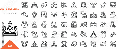 A diverse collection of collaboration-themed outline icons showcasing teamwork and innovation.