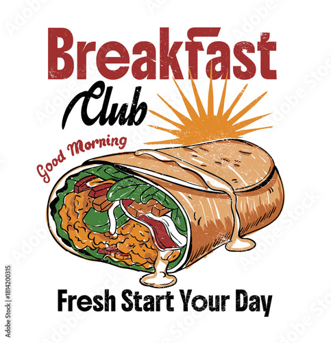 Break fast Club with food fashion graphics. good morning and fresh start your day. hand drawing food graphics tee, sweat shirt, breakfast t-shirt design.