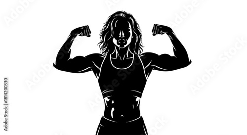 Strong woman flexing powerful muscles, showcasing fitness and determination, perfect for health, sports, and empowerment campaigns