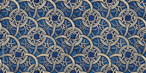 Intricate abstract pattern featuring woven metallic loops on a deep blue background.