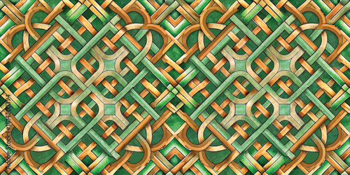 Intricate woven pattern featuring green and tan colors creating a visually appealing design.