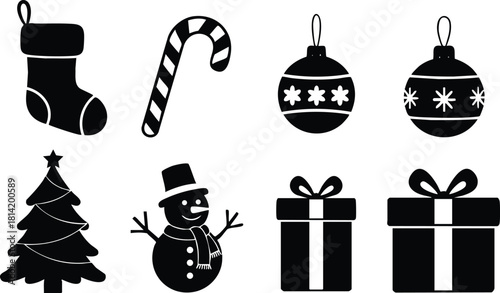 Christmas holiday icons set with stocking candy cane ornaments tree snowman and gifts vector illustration