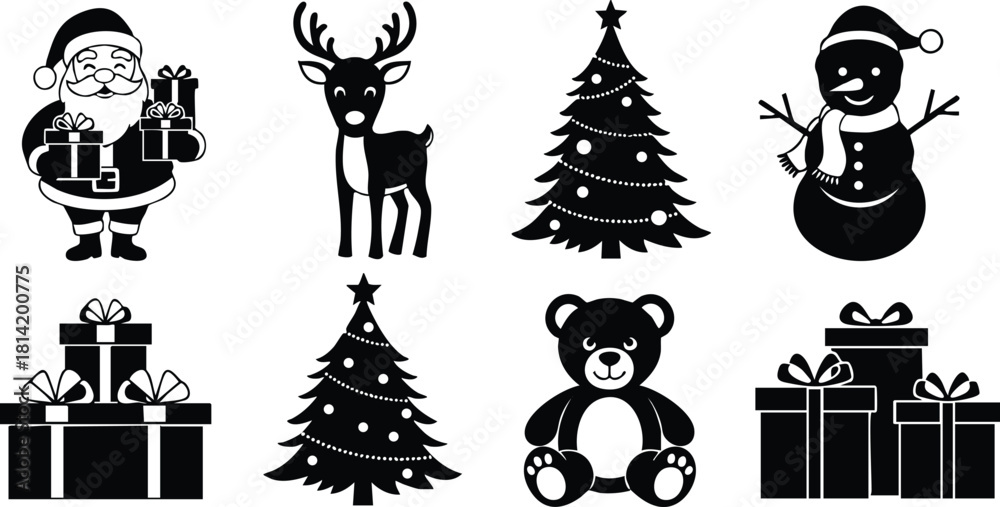 Naklejka premium Christmas holiday vector icons featuring Santa Claus reindeer snowman decorated trees teddy bear and gift boxes