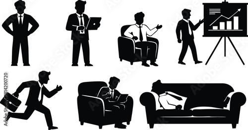 Businessmen silhouettes in various office and work activity poses vector illustration for professional corporate use