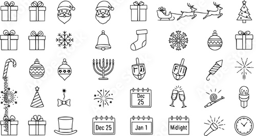 Christmas, Hanukkah, and New Year's Eve Outline Icon Set. Festive Winter Holiday Symbols including Gifts, Santa, Menorah, Fireworks.